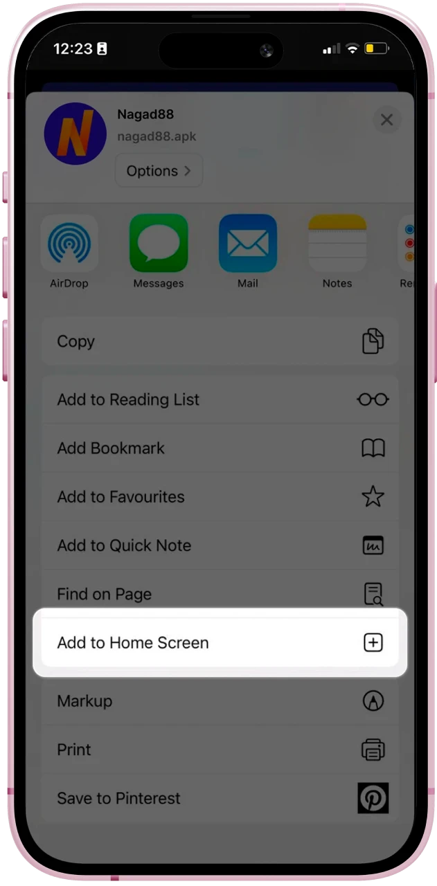 Tap Add to Home Screen to install the Nagad88 casino app on your iPhone and wait for it to finish