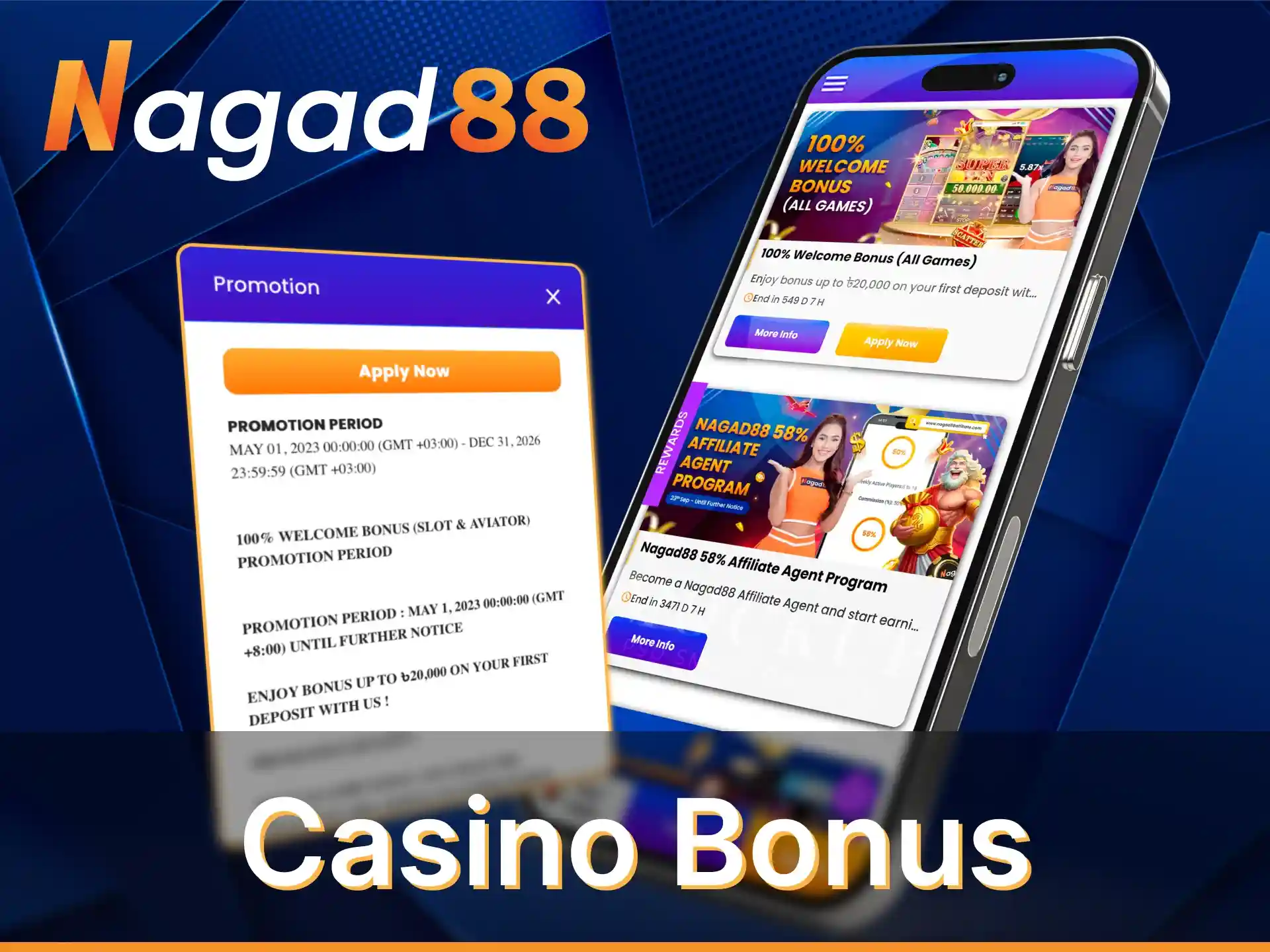 Take advantage of the 100% welcome bonus up to 20,000 BDT for all games in the Nagad88 app.