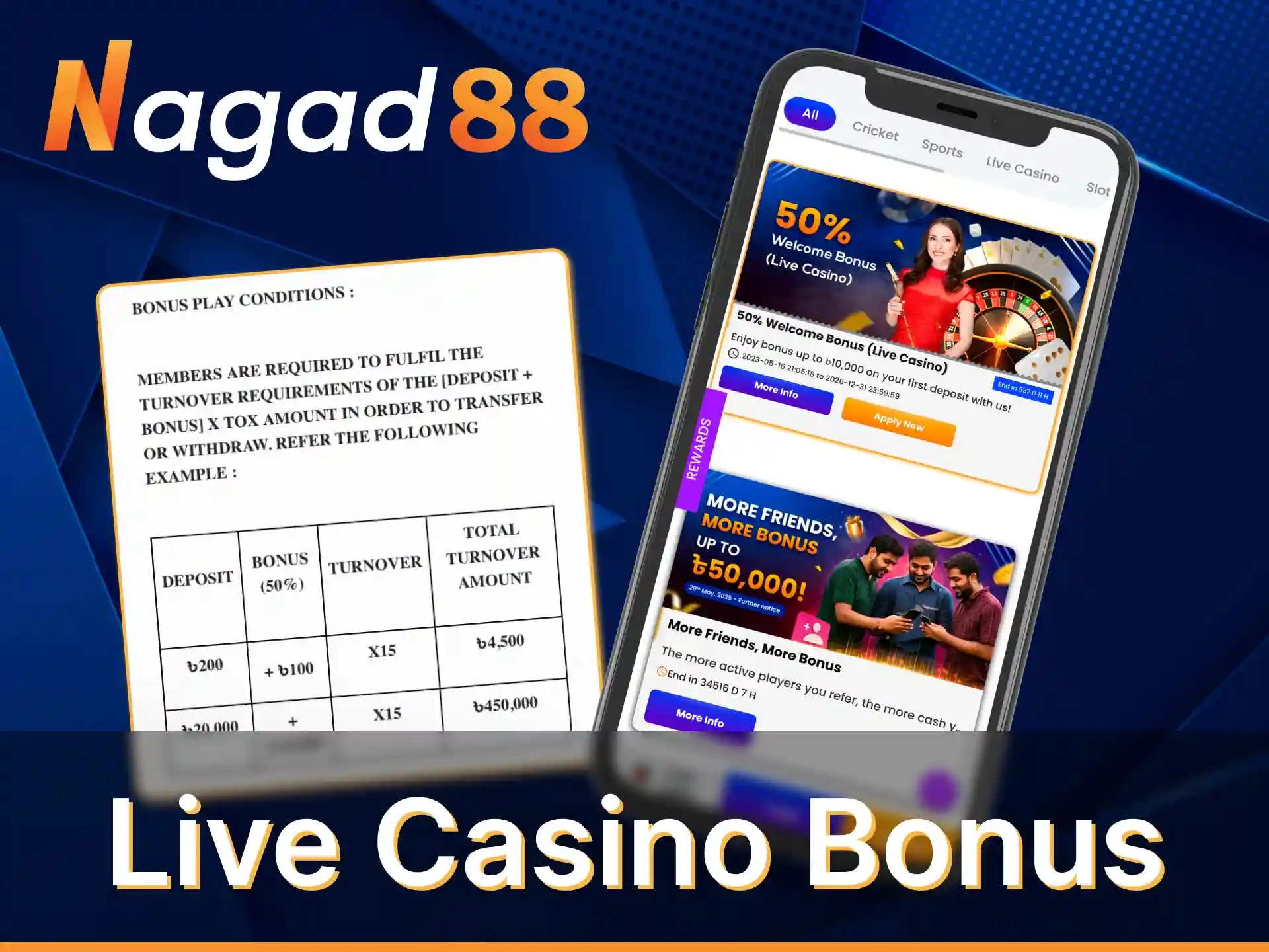 In the Nagad88 app get 30% of your weekly losses back as cashback.