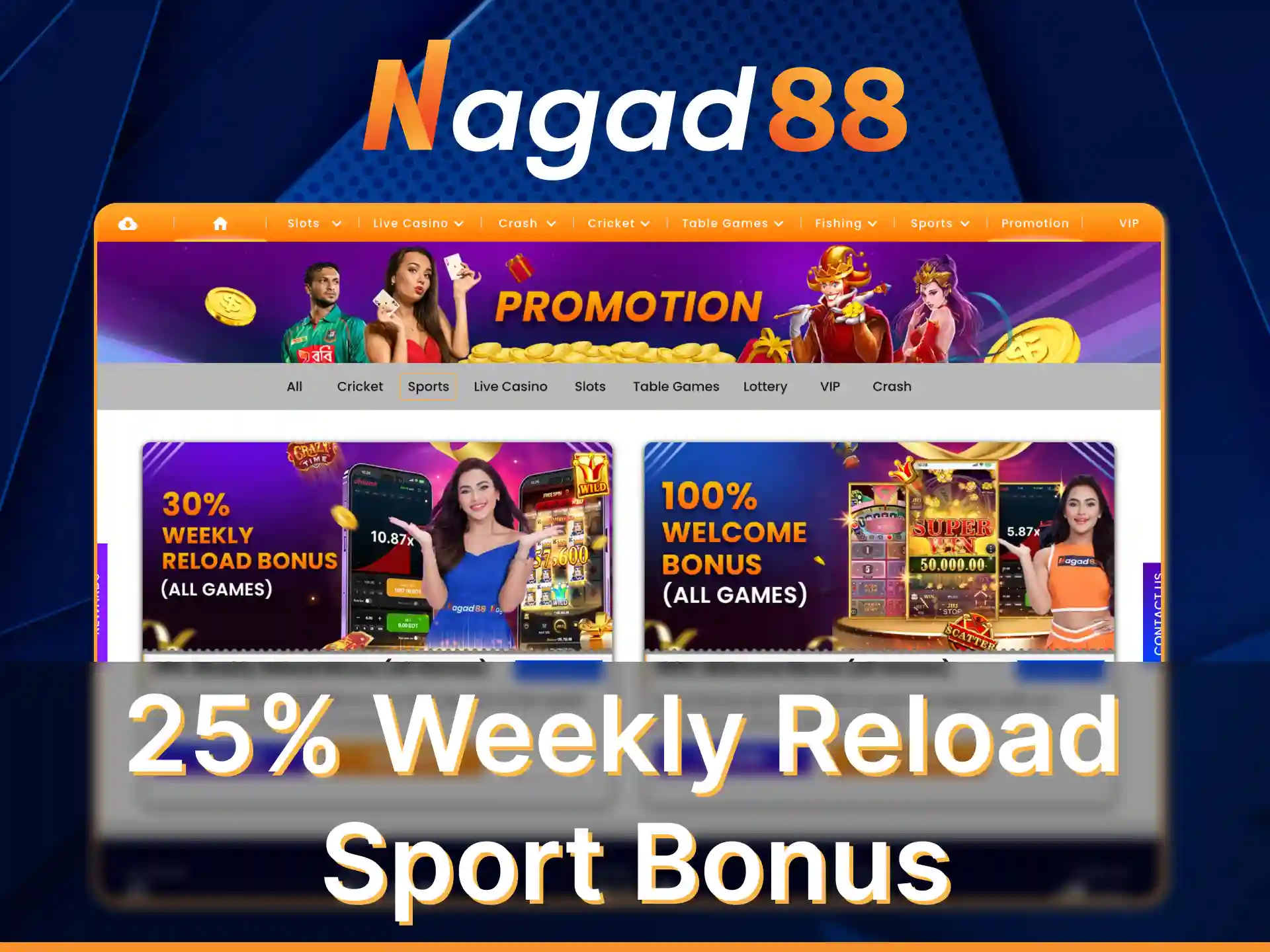 Get a 30% weekly reload bonus up to 30,000 BDT at Nagad88 every week.