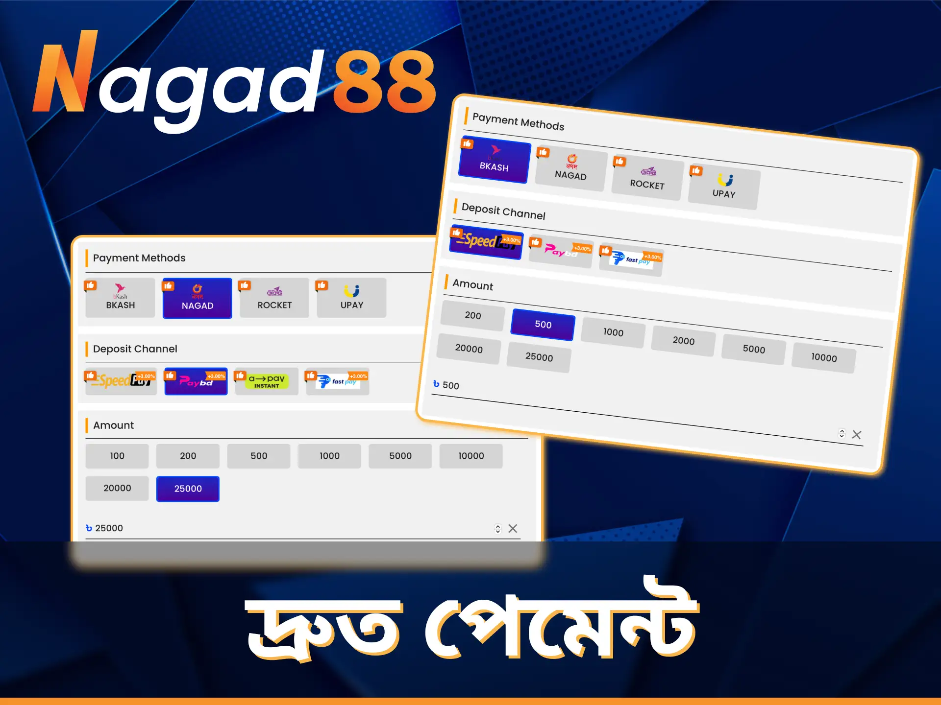 Nagad88-এ বাজির জন্য টাকা জমা করা এবং আপনার জয়ের টাকা উত্তোলন করা সহজ এবং দ্রুত।