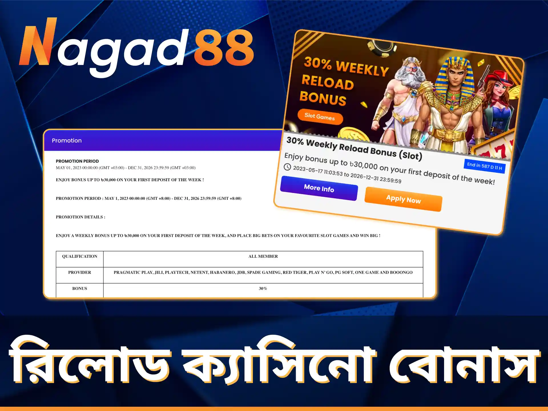 Nagad88 এ সব গেমের জন্য সাপ্তাহিক রিলোড বোনাস পান।