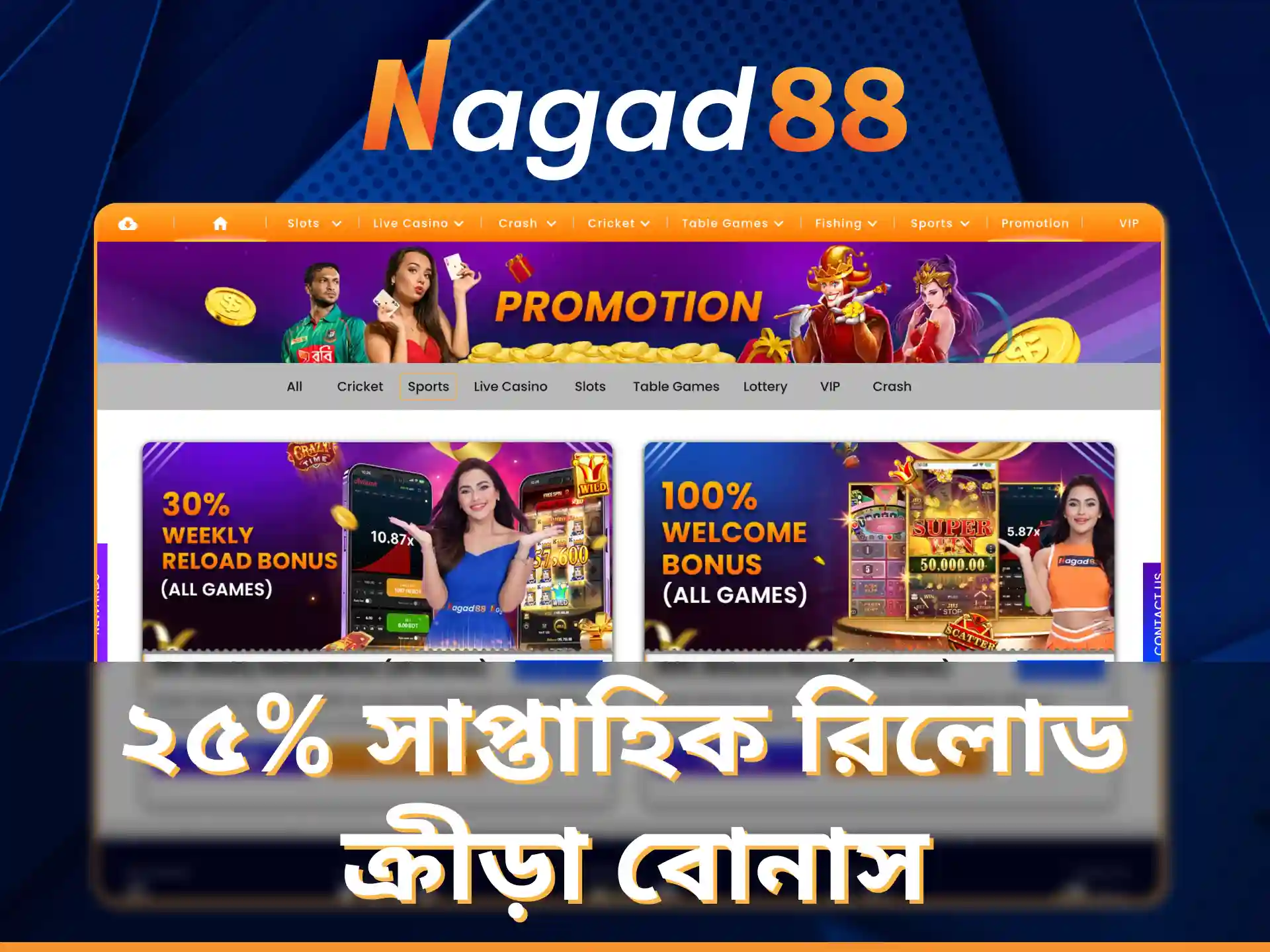 Nagad88-এ সব গেমের জন্য ৩০% সাপ্তাহিক রিলোড বোনাস পান।